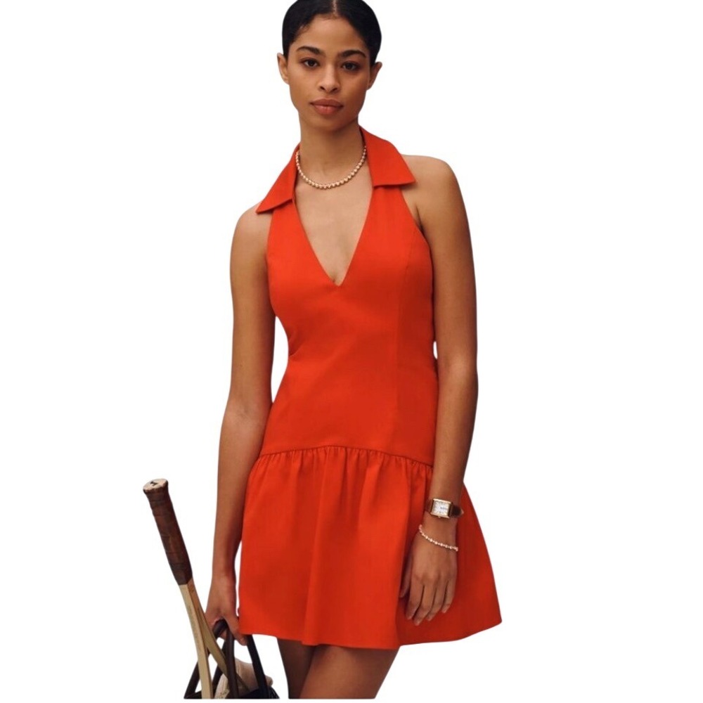 Anthropologie Maeve Dress Red Halter Drop-Waist Mini Collared V-Neck M NEW